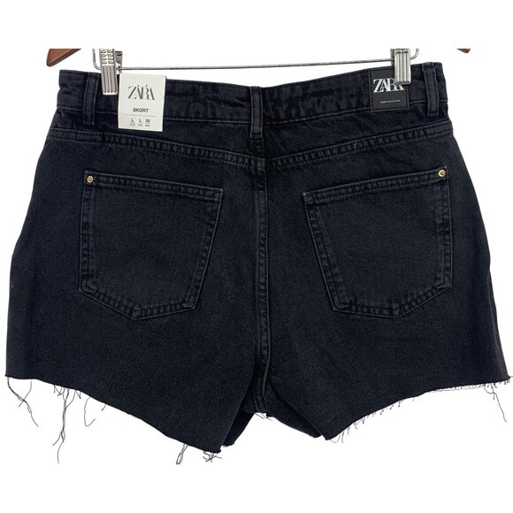 Zara Size Large L Black Denim Skort Fray Hem Gold Button Jean Short NWT New - Picture 4 of 7